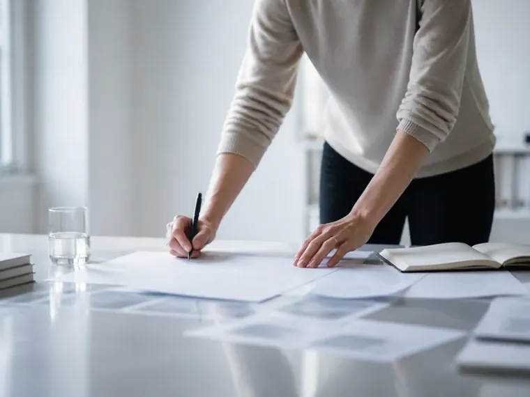 Someone standing at a white table, writing on a sheet of paper next to pale blue prints