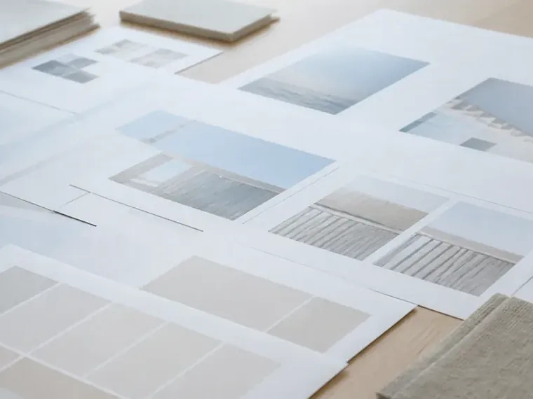 Printed sheets and pale colour samples spread out across a light table top