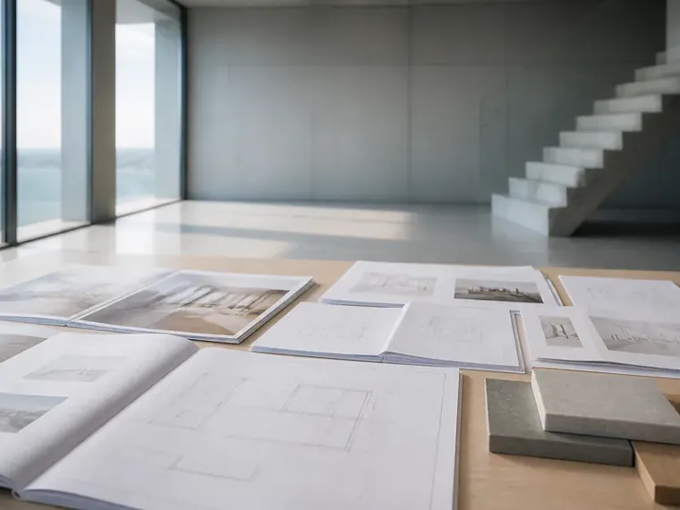 A light-filled room with a concrete staircase and printed drawings laid out on a table