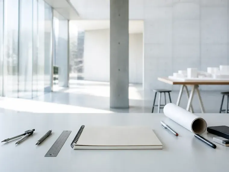 Drawing tools, a steel ruler and a closed notebook laid out on a white table