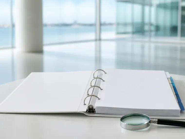 An open ring binder with blank pages, a magnifying glass and a pen on a white table
