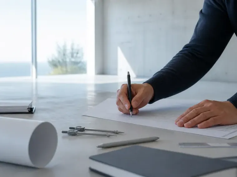 Someone in a dark blue jumper drawing on a large sheet of paper, compasses and a pencil beside it