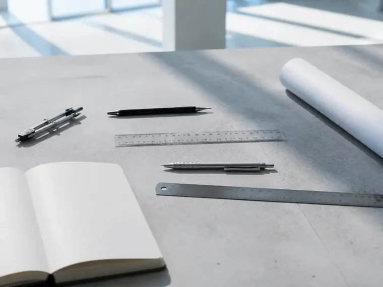 An open blank book with a ruler and a pair of compasses on a pale concrete table