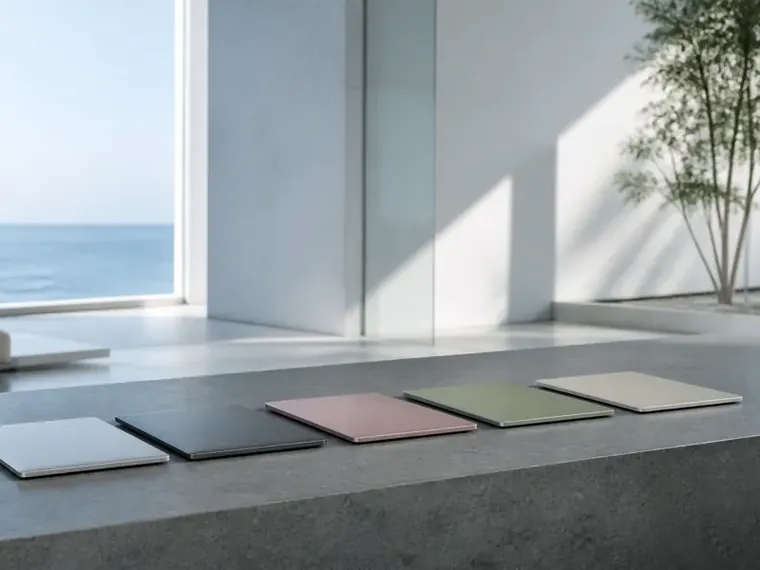 A row of coloured sample tiles on a concrete ledge in front of a window over the sea