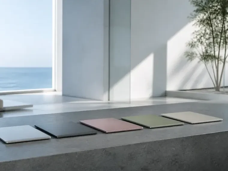 A row of coloured sample tiles on a concrete ledge in front of a window over the sea