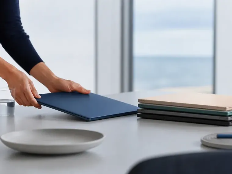 A hand setting a dark blue folder down on a stack of pale folders on a white table